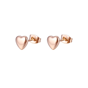 Detail view of heart-shaped rose gold stud earrings with polished 3D finish and metal backs