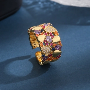 Exquisite gold wide band ring with colorful zircons and intricate hollow craftsmanship