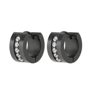 Unisex black stainless steel hoop earrings with channel-set white cubic zirconia stones