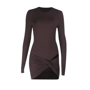 Detailed view of dark brown slim-fit bodysuit set with asymmetrical twist knot hemline