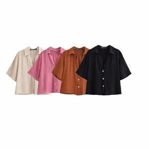 Women Casual Crinkled Texture Shirt And Wide Leg Pants Short Sleeve V Neck Lapel Top High Waist Trousers