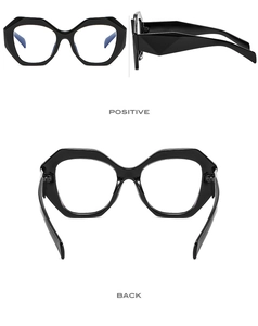 Multiple views of black polygonal eyeglass frames with blue light blocking lenses