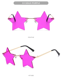 Detail of star-shaped rimless sunglasses in gold metal frame and purple lenses