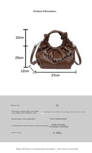 Size chart showing PU leather pleated cloud bag dimensions and adjustable strap specs