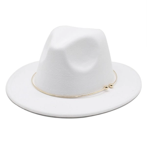 Classic white felt jazz fedora with wide brim and gold metal ring trim decoration