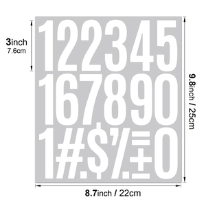 Detail of 3-inch white waterproof number stickers with precise size measurements