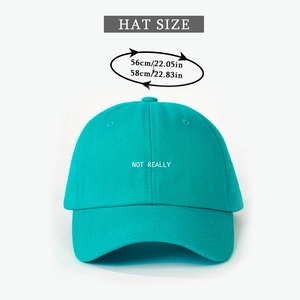 Detailed view of teal cotton baseball cap featuring NOT REALLY embroidery and adjustable brim