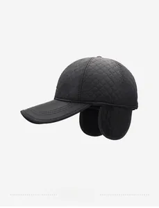 Side view of men's winter quilted baseball cap with earflaps and metal detail