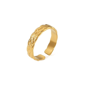 Detailed close-up of a gold-plated stainless steel woven texture open ring with macro details