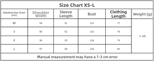 Detailed size chart for women's plaid double-breasted shirt from size XS to L in cm