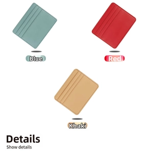 Detail view of high-quality PU leather card holders in blue, red, and khaki colors