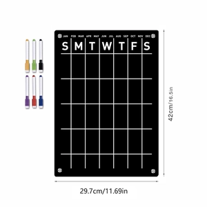 Macro view of magnetic acrylic weekly calendar board with six colored markers and dimensions