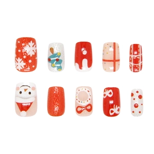 Christmas snowman and snowflake press-on nails set with red glossy holiday theme designs