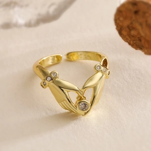 18K gold plated heart ring with white zircon hands, adjustable open design for women
