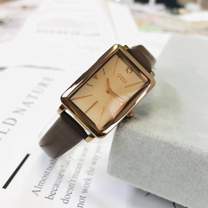 Elegant rectangular women's watch with champagne gold dial and brown leather strap