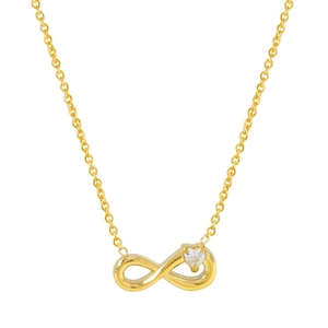 Minimalist gold infinity necklace featuring a sparkling heart-shaped zircon stone