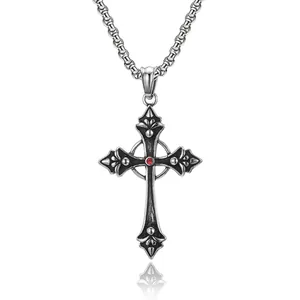 Vintage Gothic Cross Pendant Necklace Stainless Steel Red Stone Inlaid Religious Jewelry For Men Women
