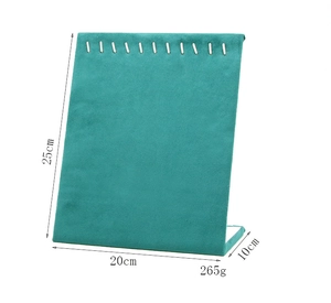 Detailed view of teal microfiber jewelry display stand with dimensions 25x20x10cm