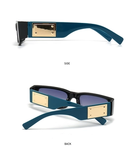 Detail view showing side and back of square sunglasses with golden metal decoration