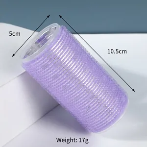 Macro view of purple self-grip hair roller, size 5cm diameter and 10.5cm length detail