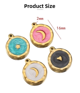 Detail view of 16mm enamel star and moon pendants with precise size measurements