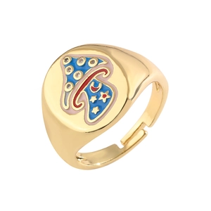 Colorful mushroom enamel open ring with celestial star pattern in gold finish