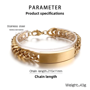Macro view of gold stainless steel ID bracelet showing 215x11mm dimensions and lobster clasp
