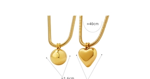Detailed size map of gold snake chain necklaces with heart and ball pendants