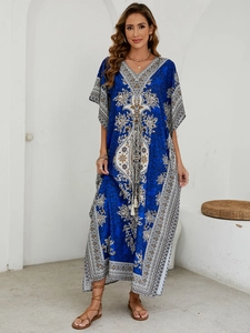 Bohemian blue printed beach kaftan dress with tassel neck and lightweight fabric