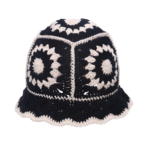 Japanese style hand-crocheted black and white floral pattern cotton bucket hat