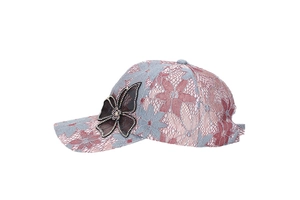 Detail of floral lace baseball cap with sparkling 3D butterfly rhinestone embellishment