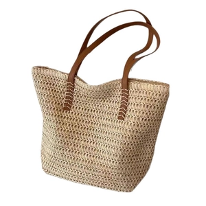 Woven straw tote bag in beige with dark brown handles for summer beach vacations