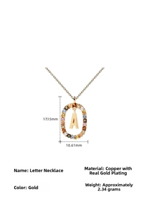 Detailed view of gold letter A pendant with colorful zircon stones and dimensions