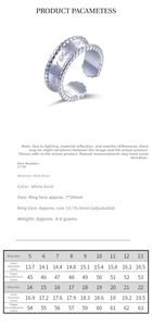 Detailed size chart for 925 sterling silver rings with diameter and circumference specs