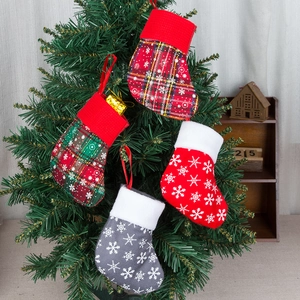 Mini Christmas Stocking Socks Plaid Snowflake Pattern Fabric Ornaments For Tree Hanging Cutlery Holder Table Decor