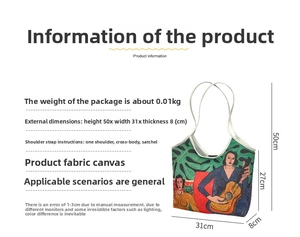 Detailed size guide for Matisse style canvas tote bag with dimensions and specifications