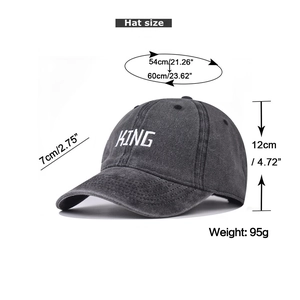 Detailed size specifications of the grey washed cotton baseball cap with KING embroidery