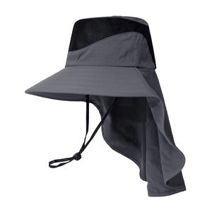 Detail of dark grey sun hat with breathable black mesh top and protective neck flap