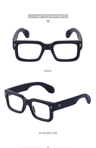 Front and 45-degree side views of square matte black sunglasses with white temples