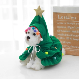 Christmas tree pet cloak for small dogs and cats with star topper and colorful pom poms