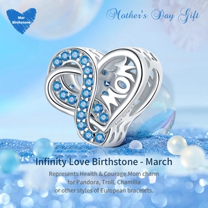 Detail of S925 silver heart charm with blue March birthstone and MOM engraving