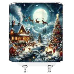 Detail of Christmas shower curtain with Santa, reindeer and a snowy log cabin scene
