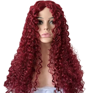 Long curly dark red afro synthetic wig for women with voluminous matte wave texture