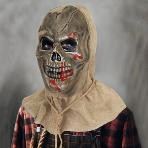 Halloween scarecrow skull mask with burlap texture and realistic red blood splatter