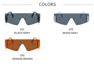 Flat top one-piece sunglasses in black, white, and orange color variations