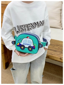 Detail of mint green cartoon police car waist bag with adjustable strap for kids