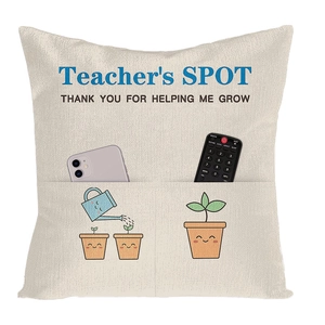 Fodera per cuscino in lino beige con tasche e stampa floreale per insegnante