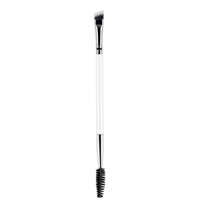 Detail of dual-ended eyebrow brush with angled bristles and spoolie on a white handle