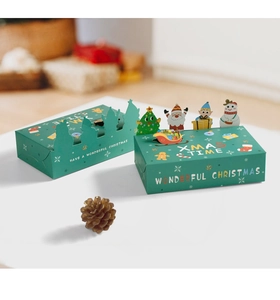 Detail of dark green 3D Christmas gift boxes with Santa and Snowman fold-out designs