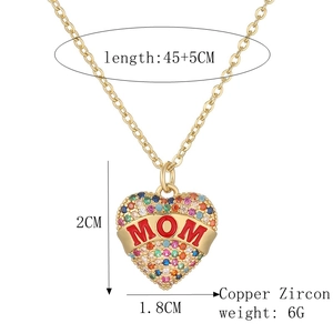 Detailed view of gold MOM heart pendant with colorful zircon and size specifications